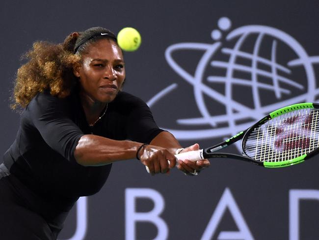 ABU DHABI, UNITED ARAB EMIRATES - DECEMBER 30:  Serena Williams of United States plays a backhand during her Ladies Final match against Jelena Ostapenko of Latvia on day three of the Mubadala World Tennis Championship at International Tennis Centre Zayed Sports City on December 30, 2017 in Abu Dhabi, United Arab Emirates.  (Photo by Tom Dulat/Getty Images)