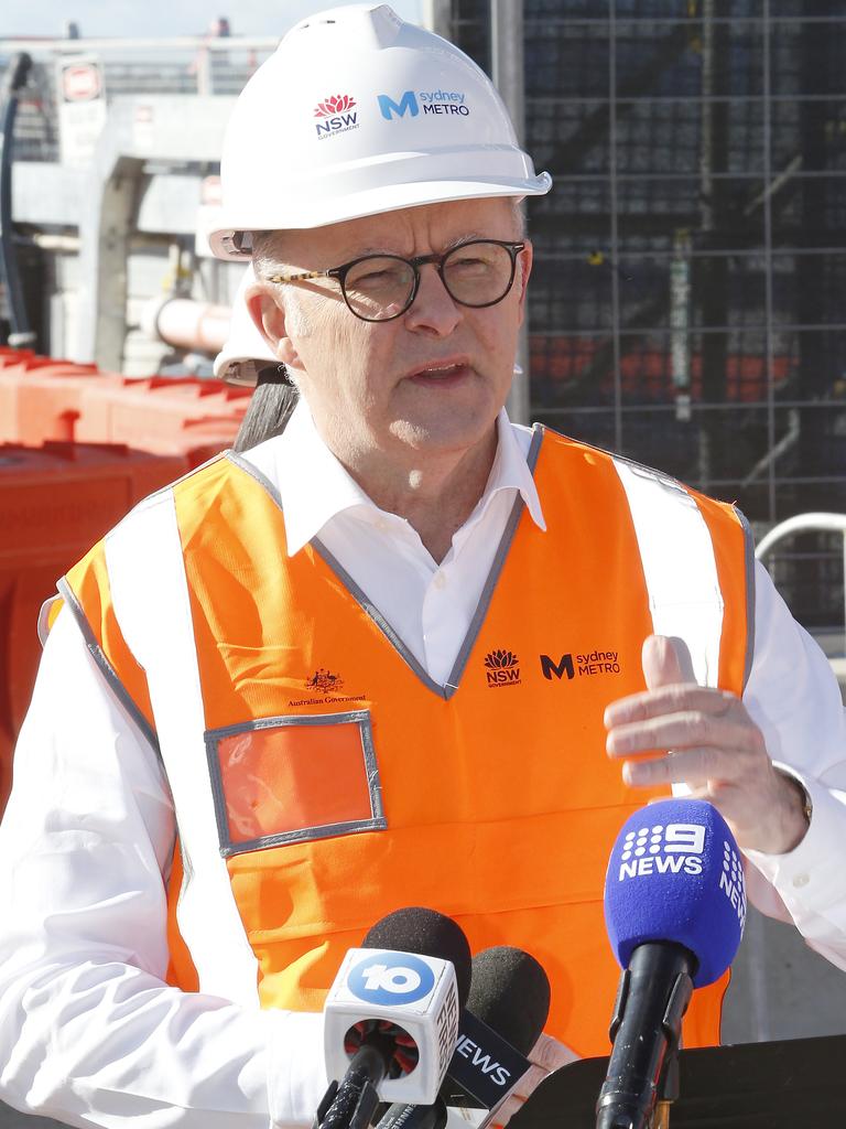 Prime Minister Anthony Albanese, speaks at apress conference on a visit to the Bradfield Station construction siten in the Western Sydney Aerotropolis. Picture: NewsWire/John Appleyard