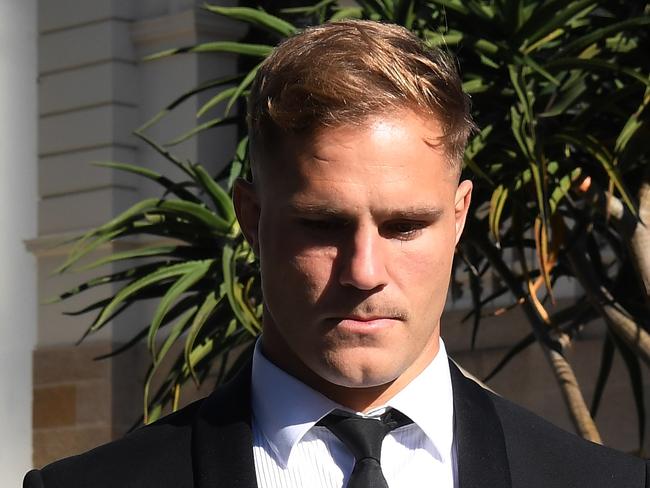 St. George Illawarra Dragons rugby league player Jack de Belin leaves Wollongong District Court during an adjournment in Wollongong, Monday, June 22, 2020. De Belin and his co-accused Sinclair will appear in Wollongong District Court having pleaded not guilty to the aggravated sexual assault of a 19-year-old woman inside a Wollongong apartment in December 2018.(AAP Image/Dean Lewins) NO ARCHIVING