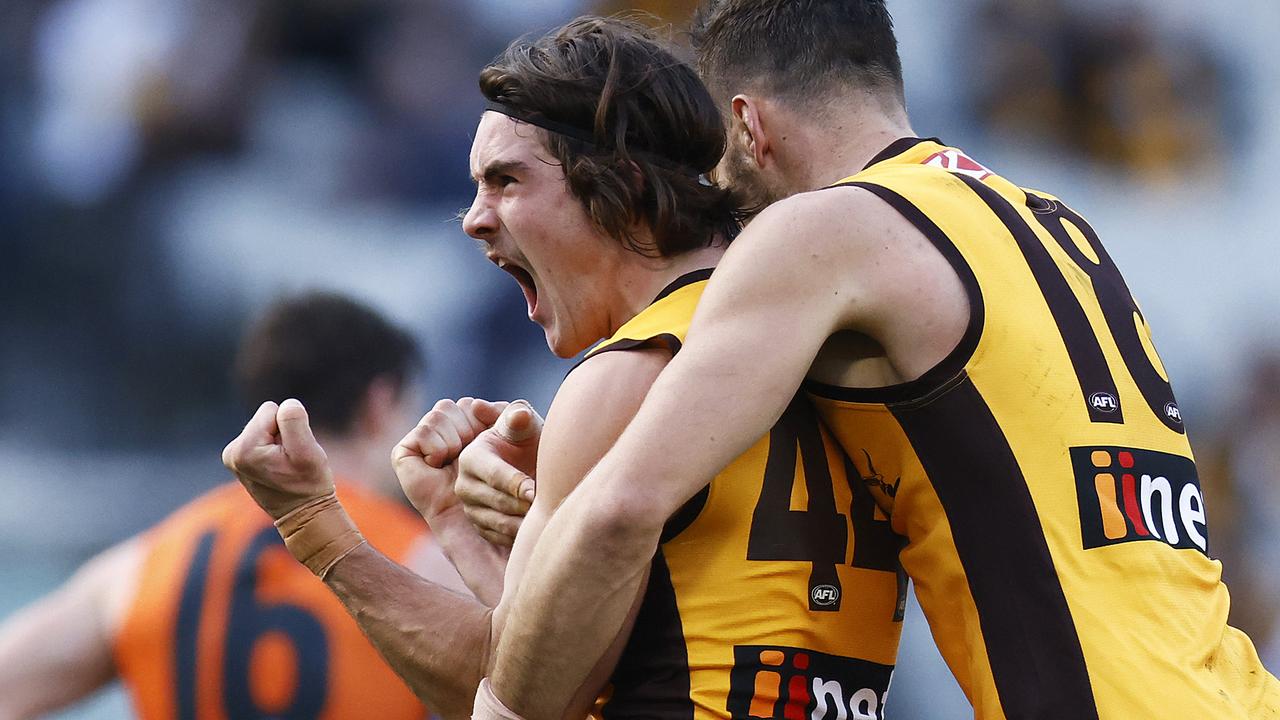 Jai Newcombe celebrates a goal during Hawthorn’s upset win. Picture: Getty Images