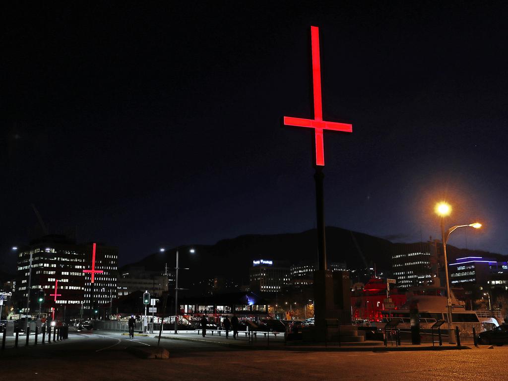 Paint The Town Red. Dark Mofo crosses on the Hobart waterfront. Picture: SAM ROSEWARNE.