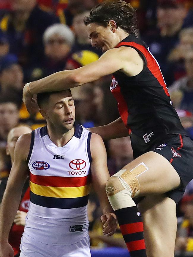 Joe Daniher has some fun with Adelaide's Rory Atkins after he kicked one of his second-term goals. Pic: Michael Klein