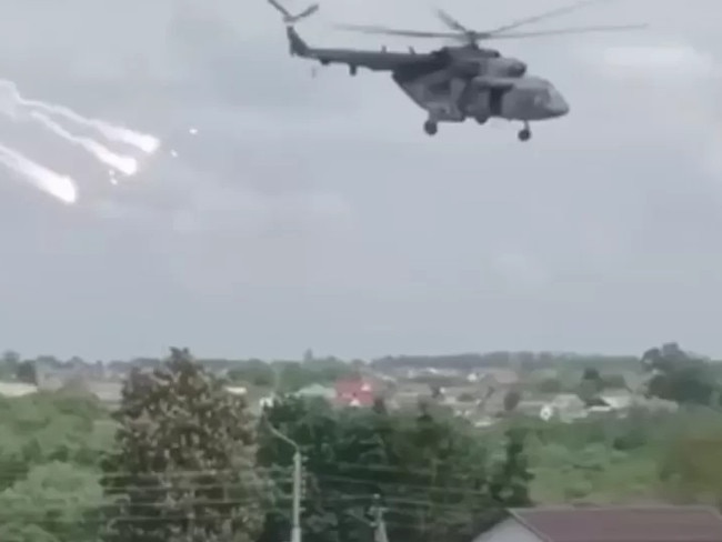 Footage of a helicopter in Belgorod, Russia, where an armed group crossed from Ukraine. Picture: BBC/Telegram