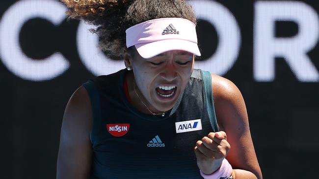 Naomi Osaka celebrates during her come-from-behind win. Picture: Michael Klein