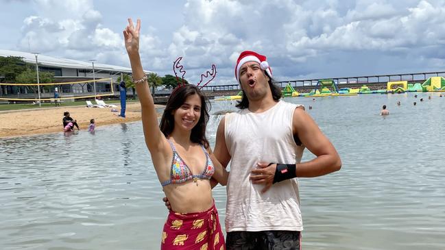 Alessie Alberto and Marco Mazzarini enjoying Christmas Day at the Darwin Waterfront, 2022. Picture: Annabel Bowles