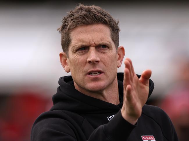 MELBOURNE, AUSTRALIA - SEPTEMBER 10: Saints coach Nick Dal Santo is seen at he break during the round two AFLW match between Essendon Bombers and St Kilda Saints at Windy Hill, on September 10, 2023, in Melbourne, Australia. (Photo by Robert Cianflone/Getty Images)