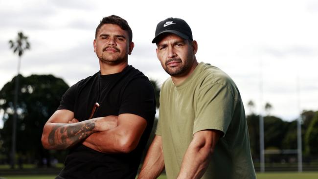 Latrell Mitchell and Cody Walker at Redfern Oval for the Code Sports Investigation series into social media abuse of athletes. Picture: Tim Hunter.