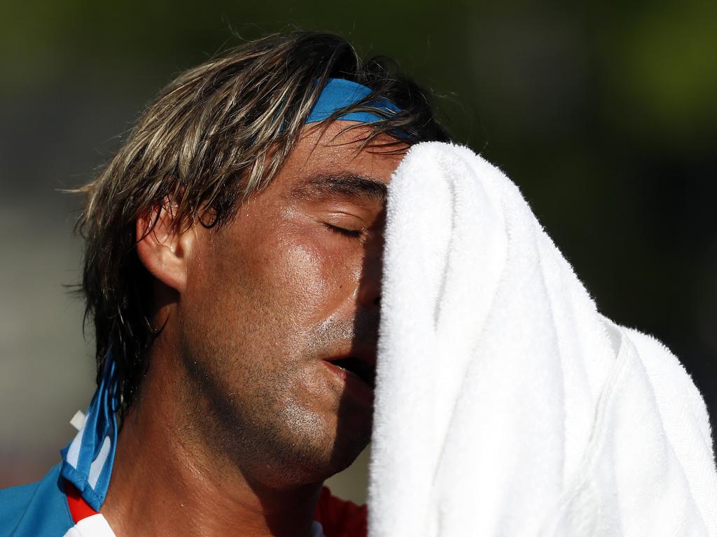 Marcos Baghdatis, of Cyprus, in some strife.