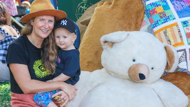 Abbie Northwood with her son Archer Gough at the Teddy Bear’s Picnic on the Esplanade. Picture: Glenn Campbell