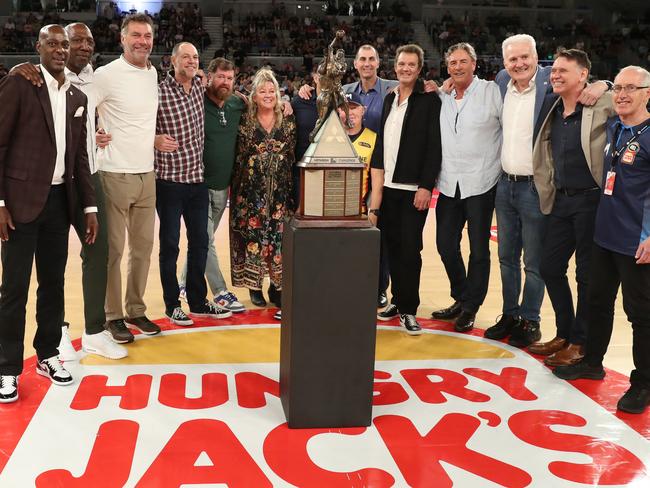 The 1993 Melbourne Tigers are honoured on the 30th anniversary of their NBL championship win. Picture: Kelly Defina/Getty Images