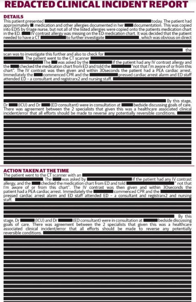 A redacted clinical incident report relating to the death of a woman at a hospital on Brisbane's southside.