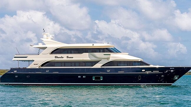 Luxury motor yacht Kaycee, formerly named Charlie Grace, is moored at Sanctuary Cove.