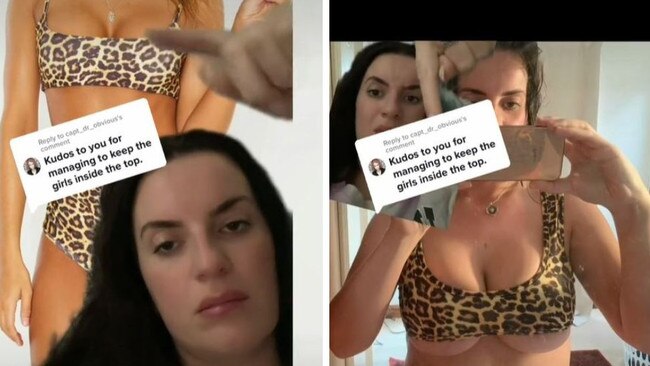 Ms Potts compared what a model looked like in the Pretty Little Thing swimsuit to what she looked like. Pictures: TikTok/@candyrainuk