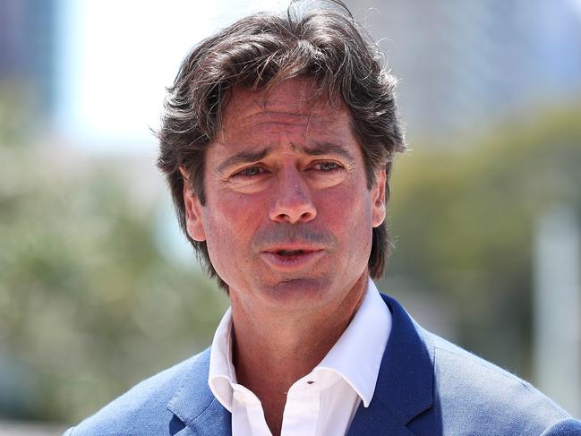 BRISBANE, AUSTRALIA - OCTOBER 19: Gillon McLachlan, Chief Executive Officer of the AFL speaks with media during the 2020 AFL Grand Final Footy Festival Launch at South Bank Streets Beach on October 19, 2020 in Brisbane, Australia. (Photo by Michael Willson/AFL Photos via Getty Images)