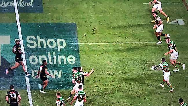 South Sydney's Jai Arrow holds back Mitch Kenny. Fox Sports