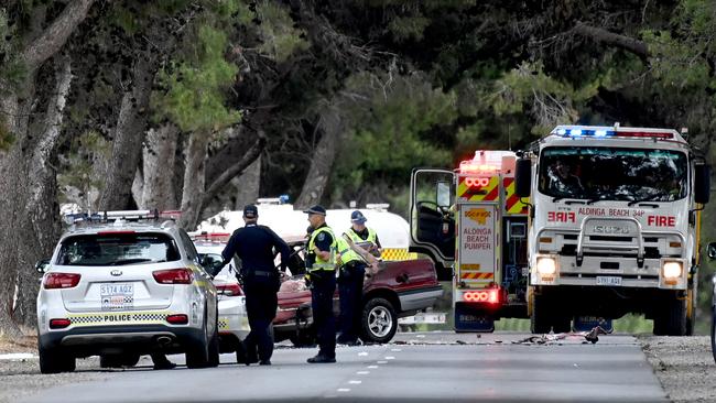 Emergency services at the scene of a serious crash on Port Rd at Aldinga, where a car smashed into a tree. Picture: Naomi Jellicoe