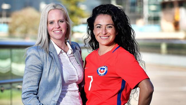 Chilean women's soccer international Maria Jose Rojas 'Cote' on the Riverbank Footbridge with Adelaide partner Karlea Williams. Picture: Bianca De Marchi