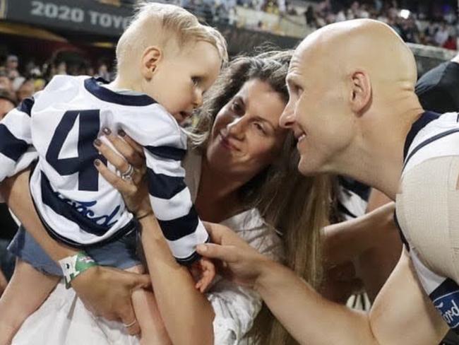 Jordan and Gary Ablett with Levi at a Geelong game. Picture: Supplied