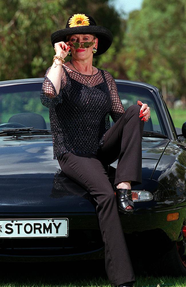 Brothel madam and Lord Mayoral aspirant Stormy Summers pictured in 2000 with her sports car in Adelaide. Picture: Tony Lewis