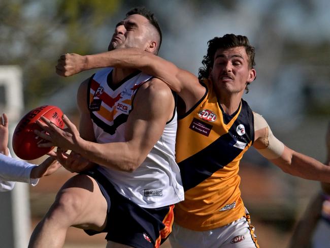 East KeilorÃs George Nabbout and StrathmoreÃs Benjamin Holian during the EDFL East Keilor v Strathmore football match in Keilor East, Saturday, July 29, 2023. Picture: Andy Brownbill