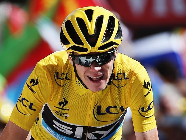 L'ALPE D'HUEZ, FRANCE - JULY 25: Chris Froome of Great Britain and Team Sky crosses the finish line at the end of the twentieth stage of the 2015 Tour de France, a 110.5 km stage between Modane Valfrejus and L'Alpe d'Huez on July 25, 2015 in L'Alpe d'Huez, France. (Photo by Doug Pensinger/Getty Images)