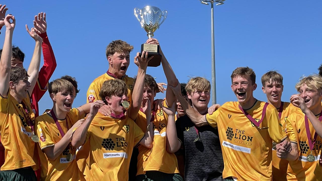 Corinda SHS celebrate a SPL premiership last month - who will win the deciders during the Junior and Intermediate finals at Wolves FC?