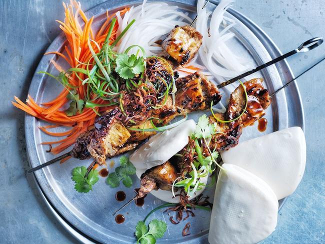 Sweet and sour pork belly skewers.