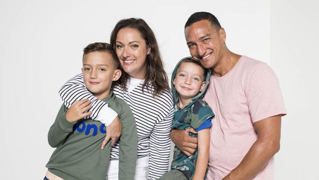 Social media star with husband Api Robin, and their two kids Buddy, 3, and Lou, 6. Tjey’re styling up the modern family look with Bonds. Picture: Darren Leigh Roberts