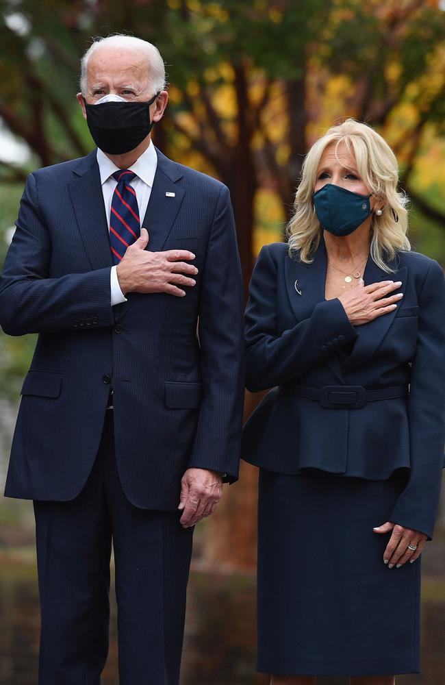 President-elect Joe Biden and his wife Jill Biden both wore masks at their Veterans Day service. Picture: Angela Weiss/AFP