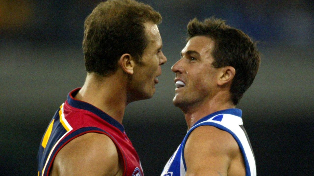 Wayne Carey and Anthony Stevens clashed on the field in 2003. Picture: George Sal