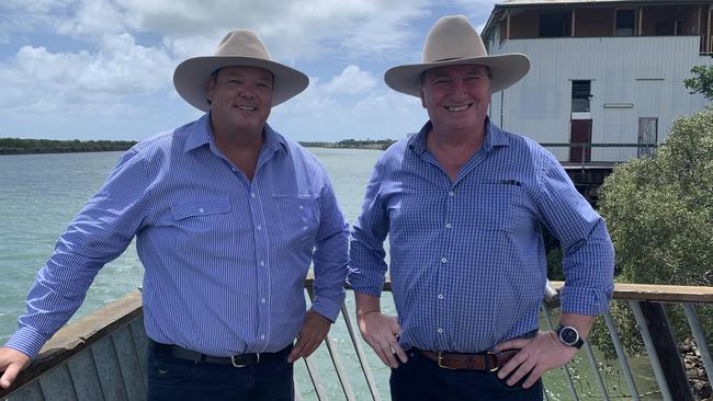 Dawson LNP candidate Andrew Willcox and Deputy Prime Minister Barnaby Joyce at the Pioneer River in Mackay this week. Picture: Contributed