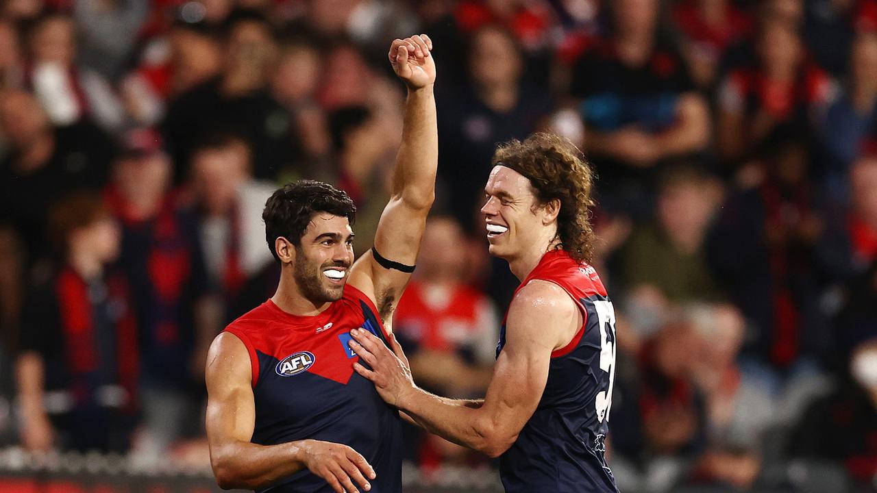 MELBOURNE. 16/03/2022. AFLÃ&#137; Round 1. Melbourne v Western Bulldogs at the MCG. Christian Petracca of the Demons celebrates a late goal . Photo by Michael Klein