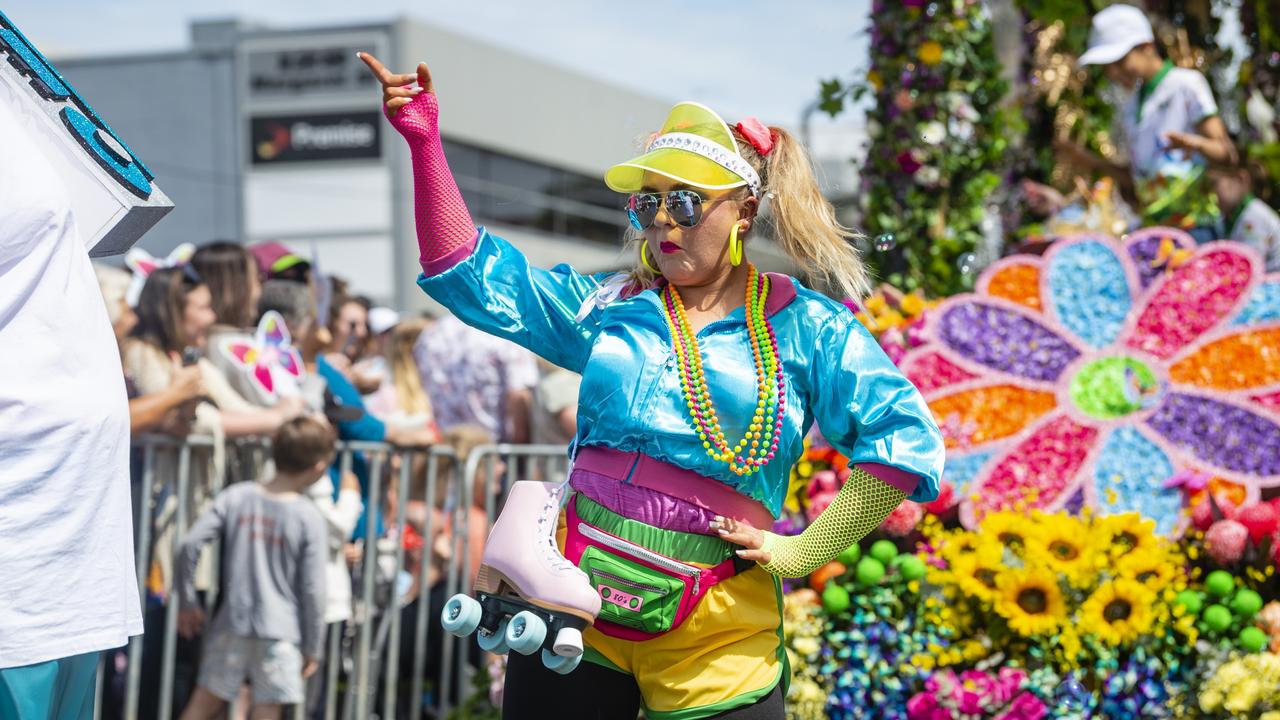 Gabrielle Benchetrit out the front of the Woolworths float in the Grand Central Floral Parade of Carnival of Flowers 2022, Saturday, September 17, 2022. Picture: Kevin Farmer