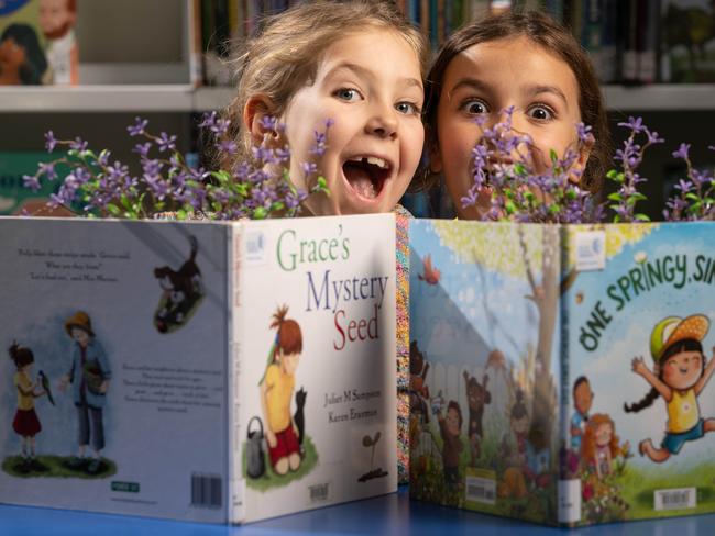 12-09-2024 Zoe and Willow excited about the spring themed September holiday activities running across the libraries during the break. Picture: Brad Fleet