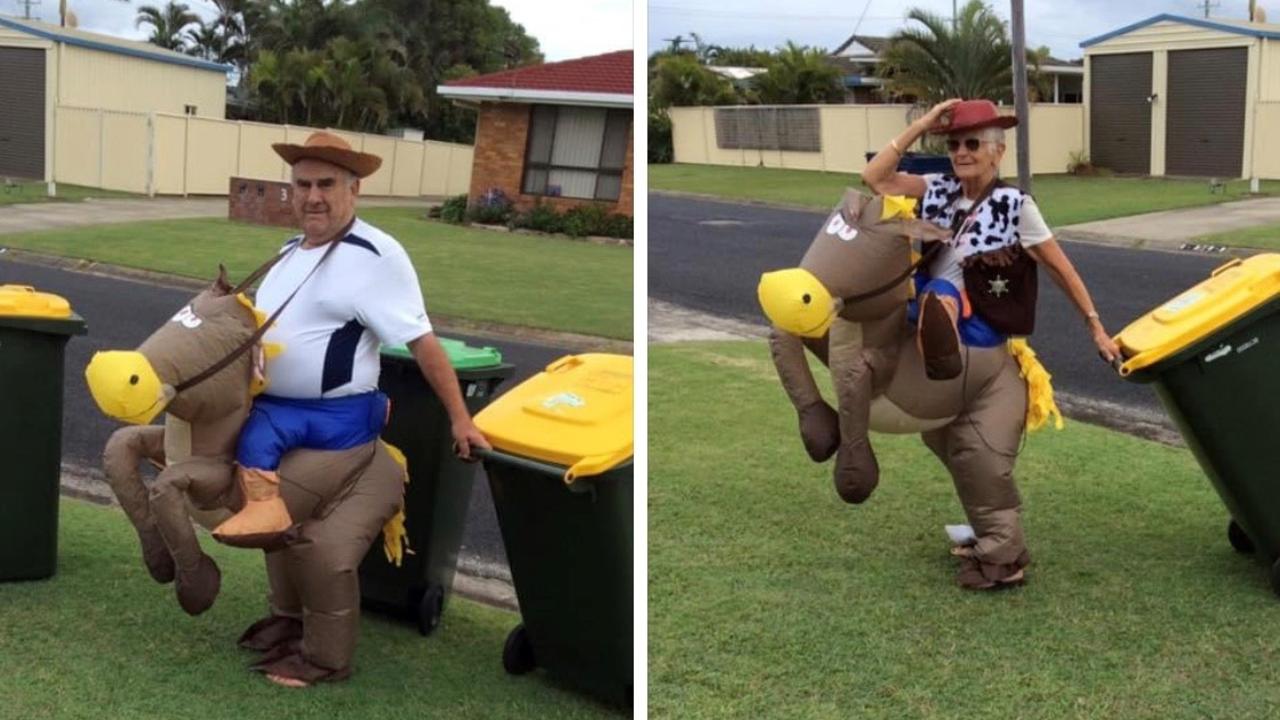 This couple had a hoot taking their wheelie bins out in Evans Head.