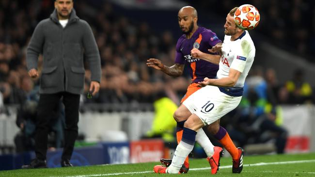 Tottenham’s Harry Kane injures his ankle tackling Manchester City’s Fabian Delph during the UEFA Champions League quarter-final at Tottenham Hotspur Stadium