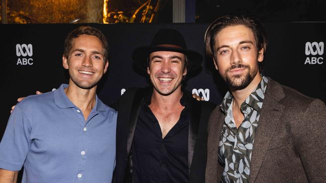 Co-stars George Pullar, Ben O'Toole and Lincoln Younes at the Barons premiere. Picture: Ned Simes