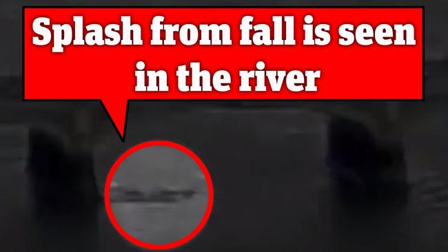A splash is seen in the water immediately after the figure is seen falling from the bridge. Picture: BBC