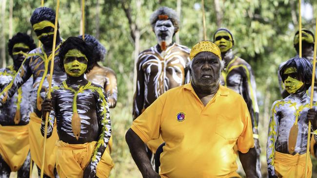 Yolngu leader, land rights activist and Gumatj chieftain Galarrwuy Yunupingu, pictured with members of his clan at Garma Festival in Arnhem Land. Picture: Amos Aikman