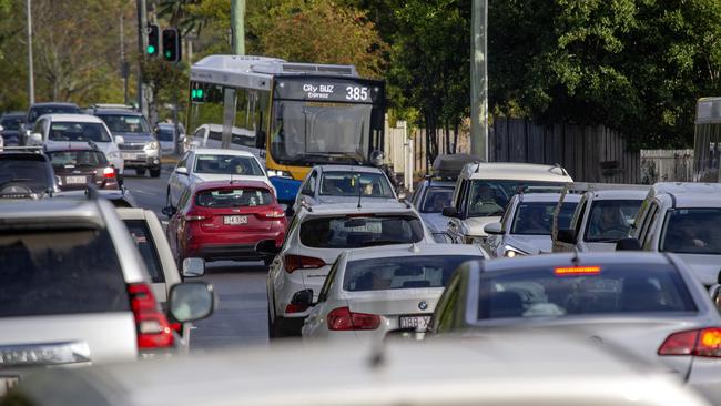 Cars on Waterworkd Rd have to weave between lanes due to parked cars. Picture: AAP/Sarah Marshall