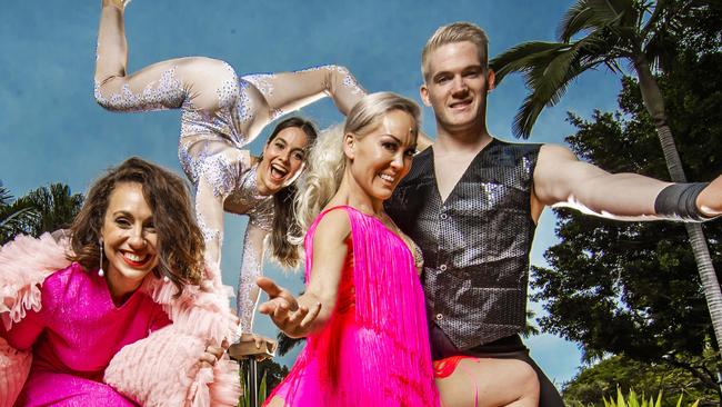 NEWS : BRISBANE FESTIVAL: Artistic director Louise Bezzina, contortionist Shannen Michaela from Circ O L I O and roller skaters Emma Goh and Scott Lazarevich for Brisbane Festival launch story to run Tuesday.Picture: NIGEL HALLETT*** Shannen  *** 0401044057 ***