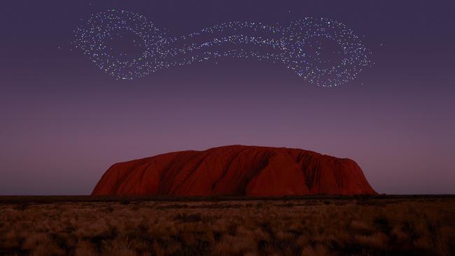 Wintjiri Wiru. Picture: Getty Images for Voyages Indigenous Tourism Australia. Anangu share the Mala story, from Kaltukatjara to Uluru, through a drone, sound and light show designed and produced by RAMUS.