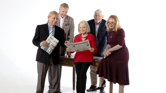 Original staff members of The Australian: (L-R) George Calvi, John Cowley, Sandra Hall, Warren Beeby and Yvette Grady. Picture: Jane Dempster