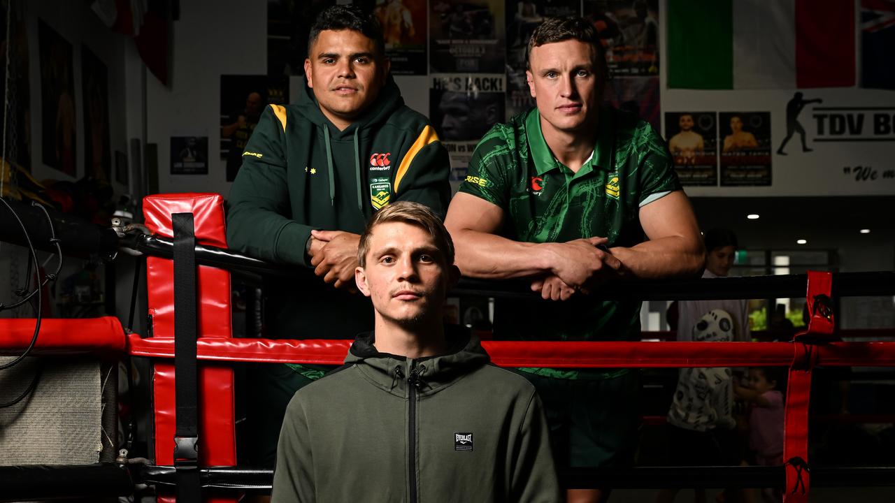 Nikita Tszyu poses alongside Latrell Mitchell and Jack Wighton. Picture: Grant Trouville © NRL Photos