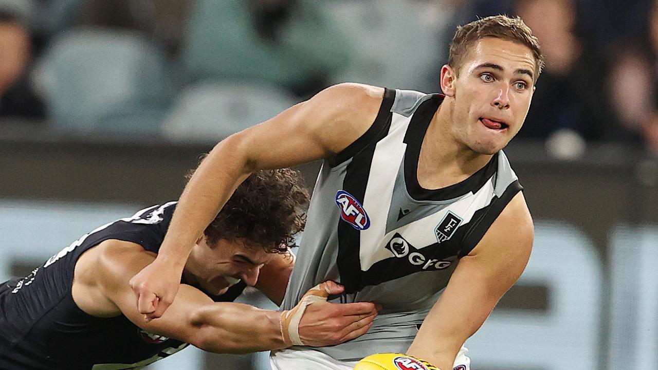 AFL Round 5. 17/04/2021. Carlton vs Port Adelaide at the MCG, Melbourne. Boyd Woodcock of the Power clears by hand during the 2nd qtr. . Pic: Michael Klein