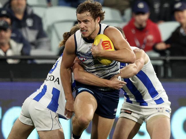 GEELONG, AUSTRALIA - JULY 02: Jake Kolodjashnij of the Cats runs with the ball during the round 16 AFL match between the Geelong Cats and the North Melbourne Kangaroos at GMHBA Stadium on July 02, 2022 in Geelong, Australia. (Photo by Martin Keep/AFL Photos via Getty Images)