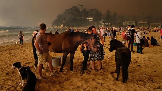 The beach at Malua Bay in NSW overflowed with people and animals as fires tore through the Batemans Bay area on New Year’s Eve. Picture: Alex Coppel.