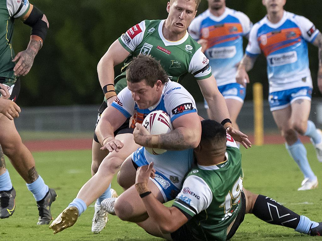 Ash Little of the Northern Pride under pressure during the Hostplus Cup match against Ipswich Jets. Picture: Emily Barker