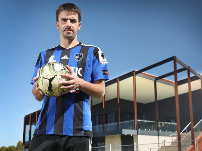 Spanish recruit Jon Aurtenetxe outside Adelaide Comet’s new Ellis Park clubrooms. Picture: AAP Image/Dean Martin