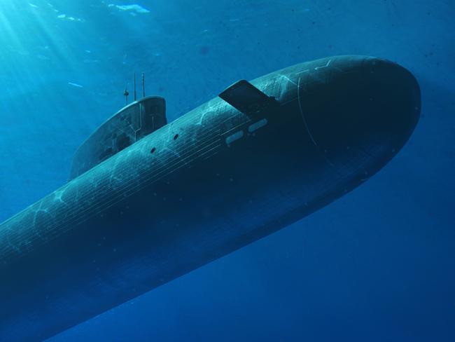 Artist's impression of the future SSN-AUKUS nuclear-powered submarine to be built in Australia using a hybrid UK and US design. Picture: Defence/Supplied,